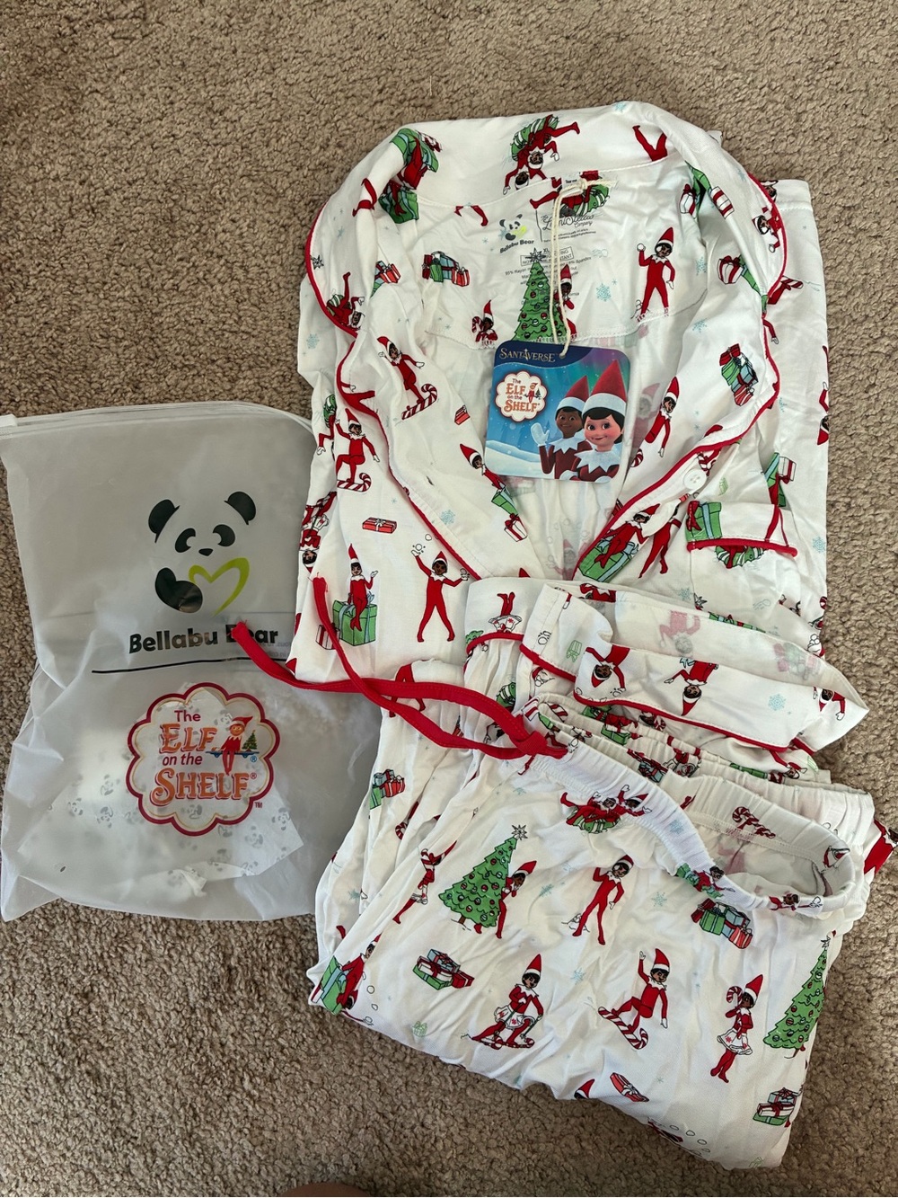 Bellabu Bear Women’s Holiday Pajama Set - White with Red & Green Print